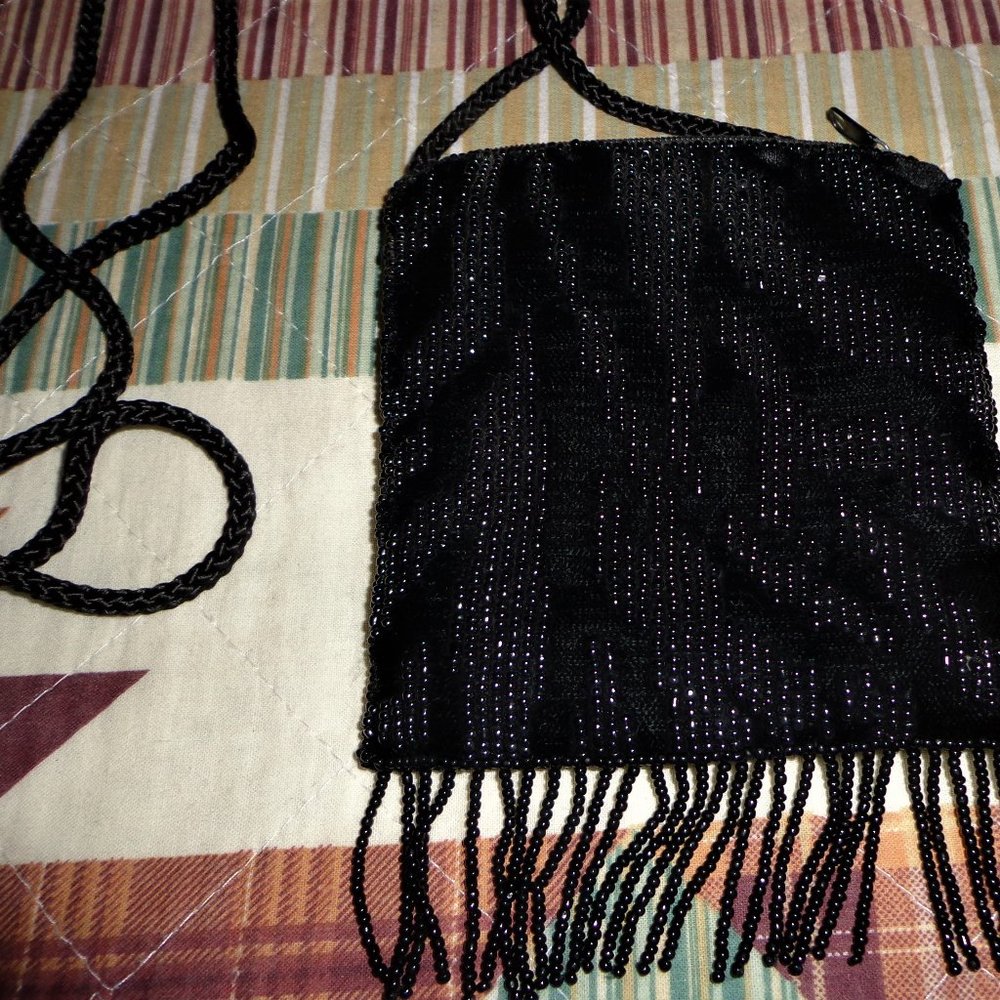 Small Beaded Black Velvet Shoulder Bag